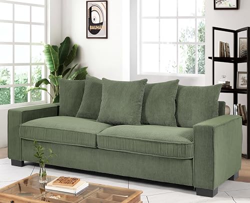 US Pride Furniture Luxe Living Room Sofa with 5 Complementary Toss Pillows, Soft Corduroy Upholstery, Streamlined Design, Ample and Cozy 3 Seater Couch for Modern Spaces, 88" Wide, Dark Green