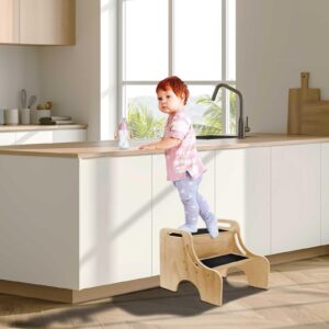 Merrynine Upgraded Wooden Step Stools for Kids, Toddler Step Stool with Non-Slip Mat for Bathroom Sink, Kitchen, Thickened Wood,Double Handles, Pre-Slotted Side Plate,(15.75*14.96*12.6",5.6LB,Natural)