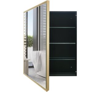 FOMAYKO Bathroom Medicine Cabinet with Aluminum Framed Mirror,24"x30" Surface Mount Bathroom Vanity Mirror，Single Door Gold Bathroom Mirror with Storage Cabinet