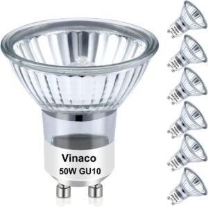 vinaco gu10 bulb, 6 pack mr16 gu10 120v 50w long lasting, gu10 halogen bulb warm white 2800k, 50w gu10 dimmable with gu10 base for track light bulbs, hood light bulbs. halogen gu10+c 120v 50w