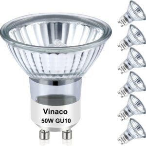 Vinaco GU10 Bulb, 6 Pack MR16 GU10 120V 50W Long Lasting, GU10 Halogen Bulb Warm White 2800K, 50W GU10 Dimmable with GU10 Base for Track Light Bulbs, Hood Light Bulbs. Halogen GU10+C 120V 50W