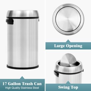 GAOMON 65L/17Gal Trash Can with Swing Top, Commercial Grade Heavy Duty Brushed Stainless Steel Outdoor Trash Can, Large Kitchen Trash Can, Round