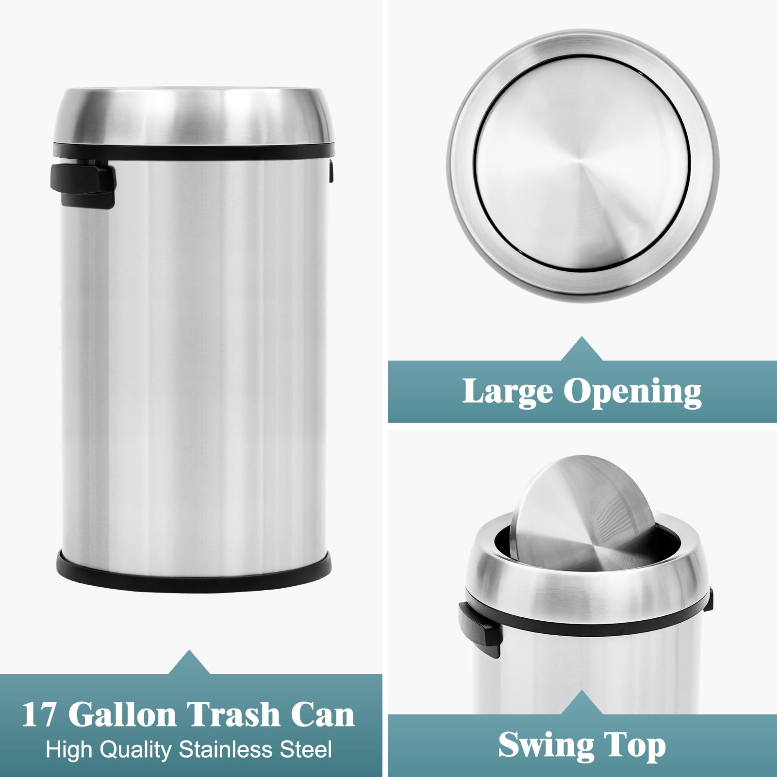 GAOMON 65L/17Gal Trash Can with Swing Top, Commercial Grade Heavy Duty Brushed Stainless Steel Outdoor Trash Can, Large Kitchen Trash Can, Round