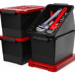 WYT 17 Quart Stackable Plastic Storage Bins with Red Lids, 4 Pack Black Containers with Latching Buckles and Handle, Durable Nestable Boxes Organizing for Closet, Garage, Tool Room