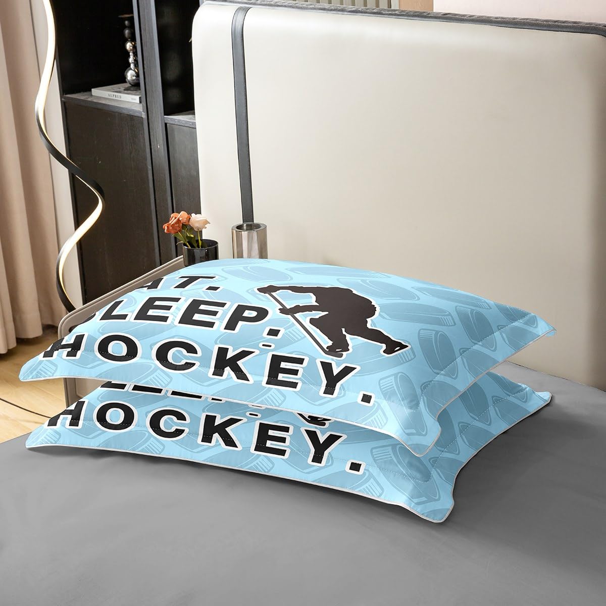 jejeloiu Ice Hockey Cotton Duvet Cover Set Twin Size Eat Sleep Ice Hockey Comforter Cover Set for Boys Girls Sports Theme Bedding Set Room Decorations Bedspread Cover 2Pcs