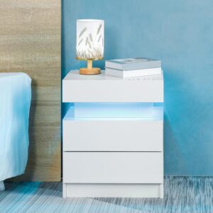 CuisinSmart Led Nightstand, Bedside Table Cabinet with Lights High Gloss End Side with 2 Drawers, White Smart Nightstand Flip-Top Hidden Storage Space for Bedroom White As Shown