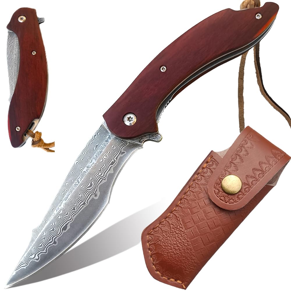 BFYLIN Damascus Pocket Knife with Clip Leather Sheath Sharp VG10 Core Folding Knife, EDC with Liner Lock Wood Handle for Outdoor Survival Camping Hunting