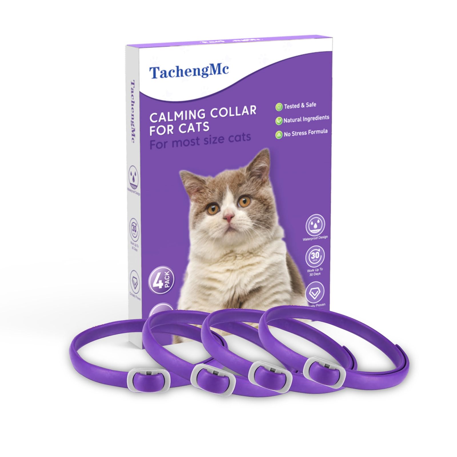 TachengMc Calming Collar for Cats, 4 Pack Cat Calming Collar, Effective Relief Ancxiety Stress Cat Pheromone Collar, Water-Resistant & Adjustable Cat Calming Collar Fits Cats, Purple