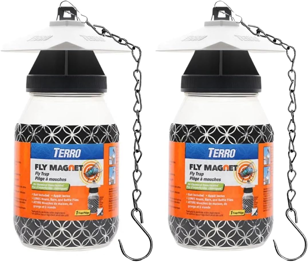 Plexon TERRO Fly Magnet, Reusable Fly Trap - Includes One Fly Bait Packet and Heavy Duty 9.5 PLEXON Hanging Chain (2 Traps)