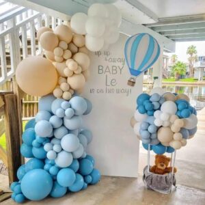 Enanal Up Up and Away Balloon Garland Arch Kit, 152pcs Dusty Slate Fog Baby Blue and Sand White Balloons with Hot Air Balloon and Cloud Foil Balloons for Baby Shower Decoration Teddy Themed Party