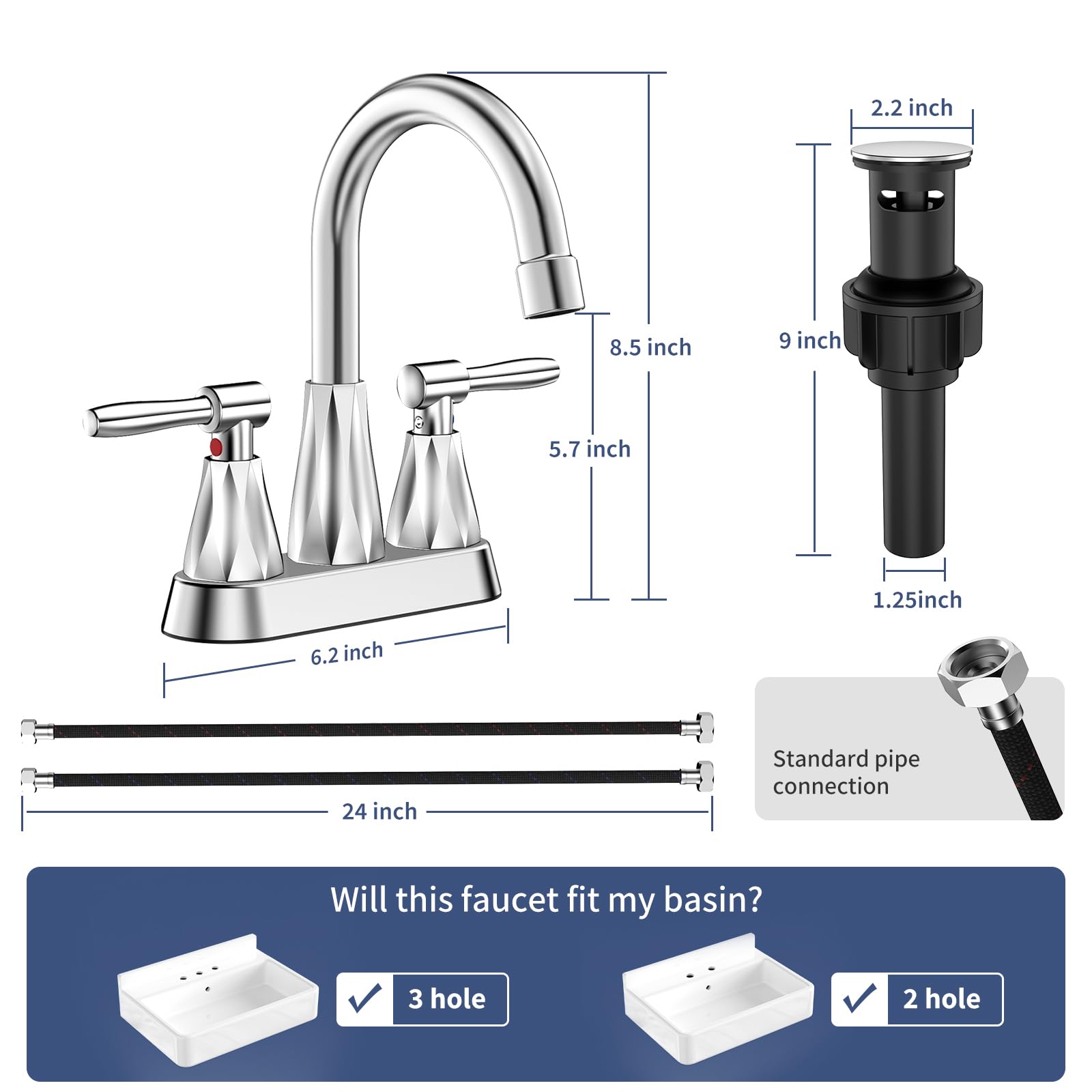 Bathroom Faucets for Sink 3 Hole,Bathroom Sink Faucet,Faucet for Bathroom Sink,4 inch 2 Handle Bathroom Faucets with Pop-up Drain and 2 Supply Hoses for Bathroom Sink Vanity RV (Brushed Nickel)