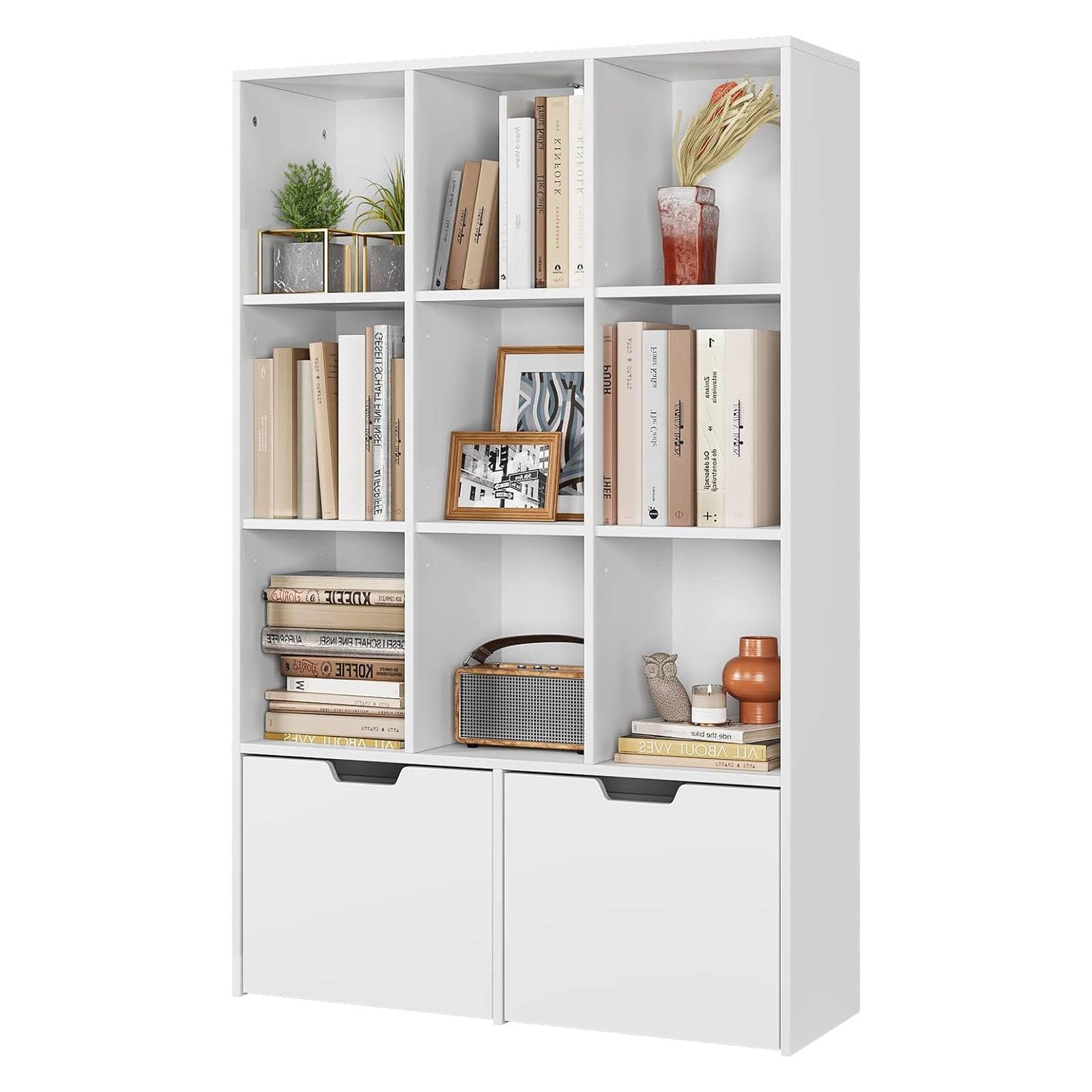 IDEAKHOUSE White Bookshelf with Drawers, Tall Storage Cabinet with 9 Cubes and 2 Large Drawers, Free Standing Storage Organizer Bookshelf for Living Room, Office, Study,Kitchen (White)