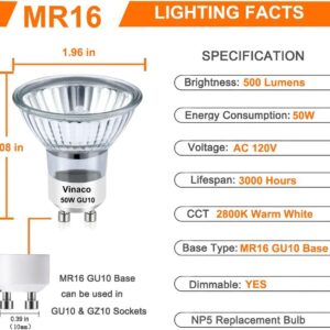 Vinaco GU10 Bulb, 6 Pack MR16 GU10 120V 50W Long Lasting, GU10 Halogen Bulb Warm White 2800K, 50W GU10 Dimmable with GU10 Base for Track Light Bulbs, Hood Light Bulbs. Halogen GU10+C 120V 50W