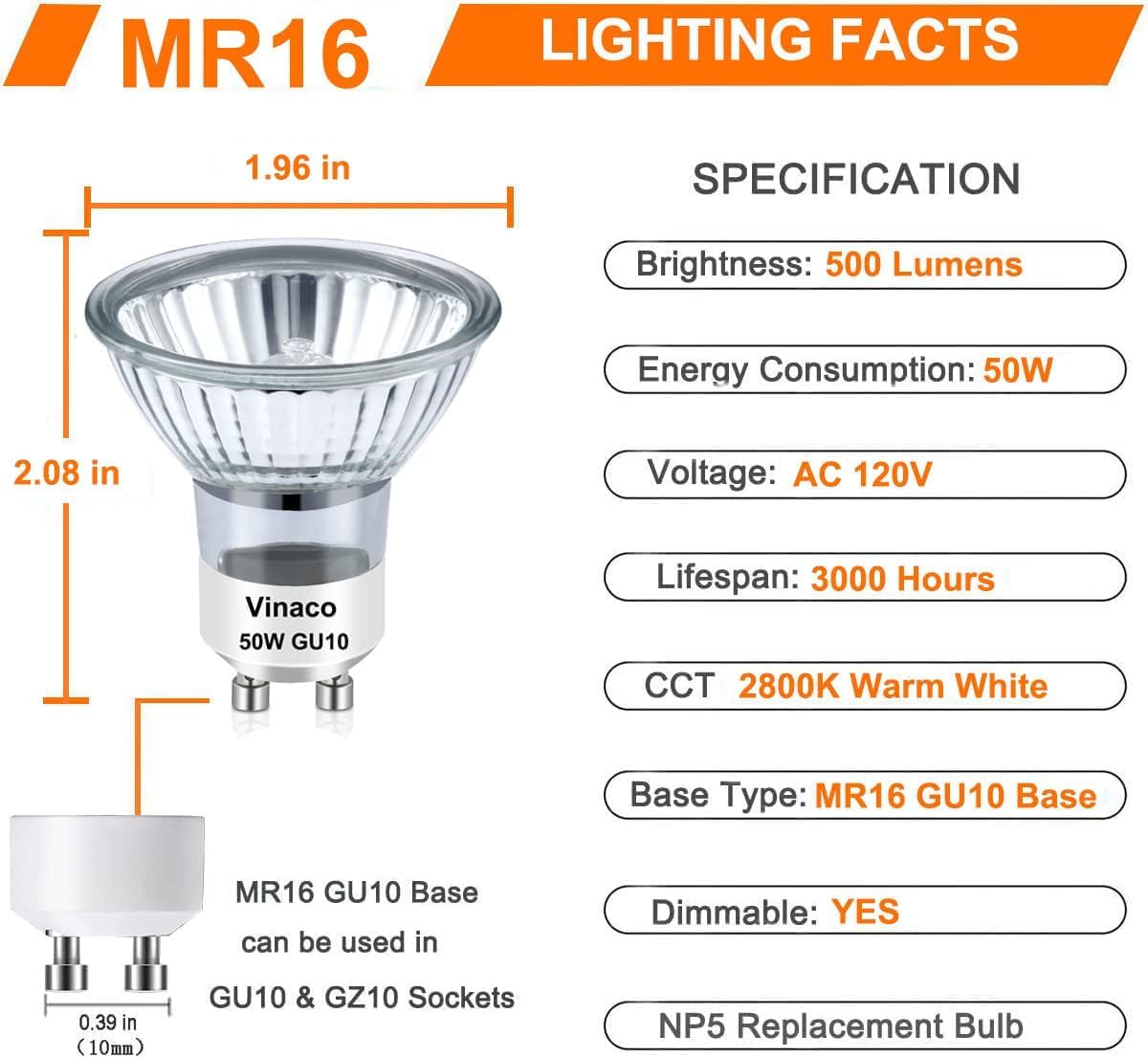 Vinaco GU10 Bulb, 6 Pack MR16 GU10 120V 50W Long Lasting, GU10 Halogen Bulb Warm White 2800K, 50W GU10 Dimmable with GU10 Base for Track Light Bulbs, Hood Light Bulbs. Halogen GU10+C 120V 50W