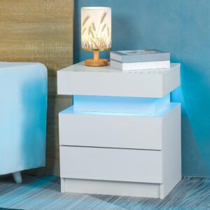 CuisinSmart Led Nightstand, Bedside Table Cabinet with Lights High Gloss End Side with 2 Drawers, White Smart Nightstand Flip-Top Hidden Storage Space for Bedroom White As Shown