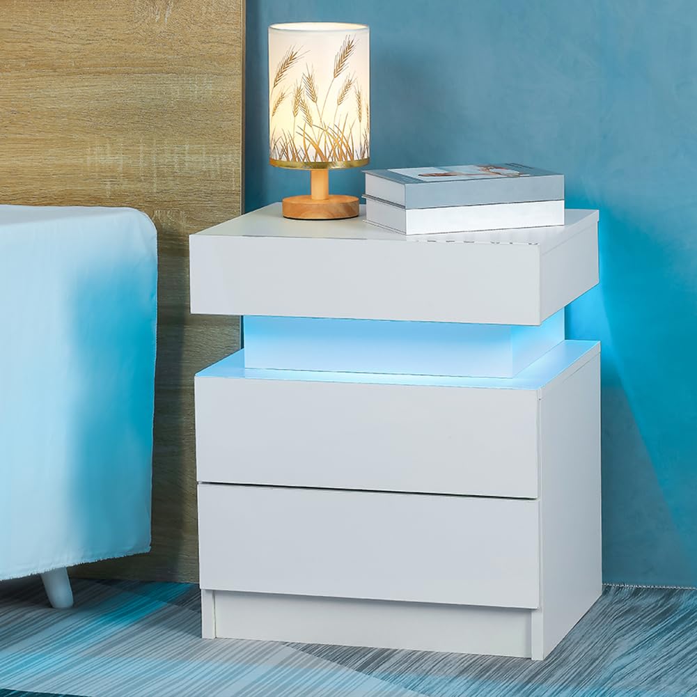 CuisinSmart Led Nightstand, Bedside Table Cabinet with Lights High Gloss End Side with 2 Drawers, White Smart Nightstand Flip-Top Hidden Storage Space for Bedroom White As Shown