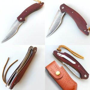 BFYLIN Damascus Pocket Knife with Clip Leather Sheath Sharp VG10 Core Folding Knife, EDC with Liner Lock Wood Handle for Outdoor Survival Camping Hunting