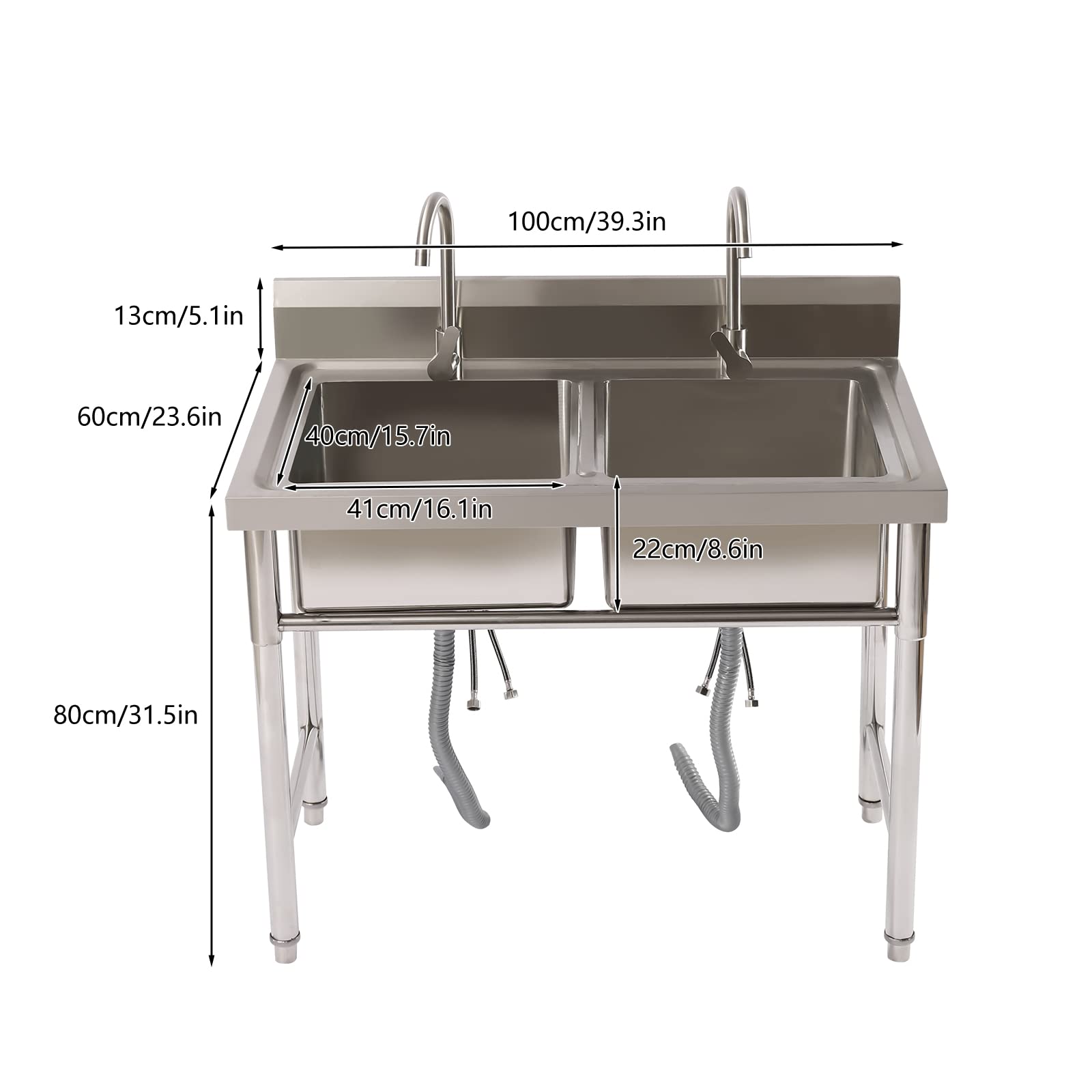 2 Compartment Commercial Stainless Steel Sink,Free Standing Utility Double Bowl Restaurant Sink,Kitchen Prep & Utility Sink for Home Garage Bar Laundry Room 39.3" L×23.6" W×31.5" H