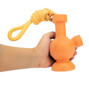 LIT LABS Funny Dog Toy Chew Rubber Tug-A-War Dog Toy - Built for Sized Medium to Large Dogs - Ideal Gift for Dog Birthday - Orange Body with Yellow Rope