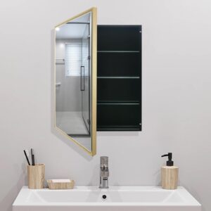 FOMAYKO Bathroom Medicine Cabinet with Aluminum Framed Mirror,24"x30" Surface Mount Bathroom Vanity Mirror，Single Door Gold Bathroom Mirror with Storage Cabinet