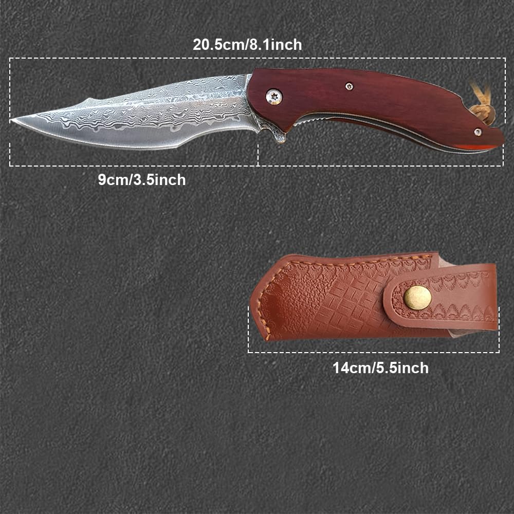 BFYLIN Damascus Pocket Knife with Clip Leather Sheath Sharp VG10 Core Folding Knife, EDC with Liner Lock Wood Handle for Outdoor Survival Camping Hunting