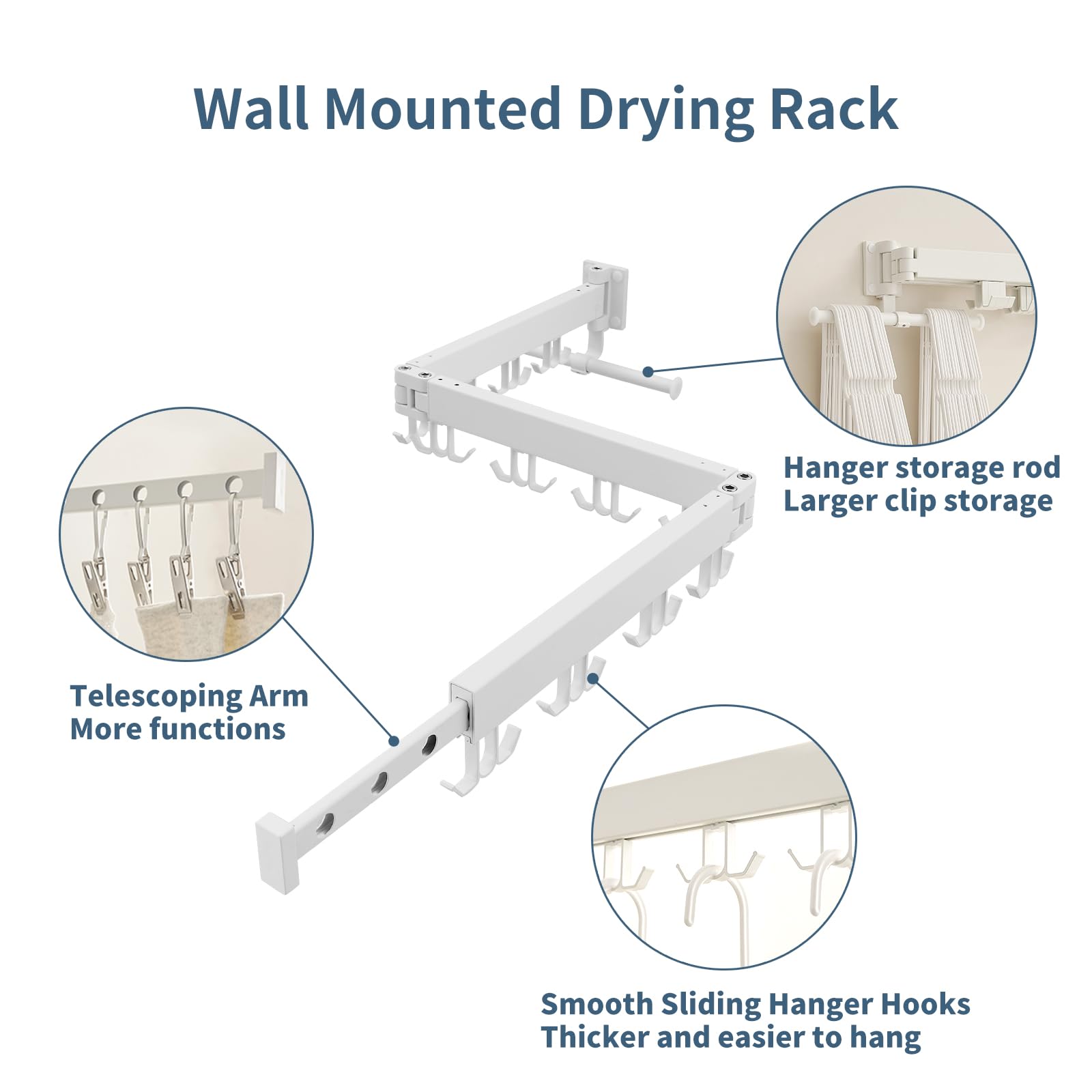 JOOM Clothes Drying Rack Wall Mounted,Folding Clothes Drying Rack,Retractable,Collapsible(Tri-Fold,Upgrade Hook),Wall Mounted Drying Rack for Laundry Balcony Bathroom (White)