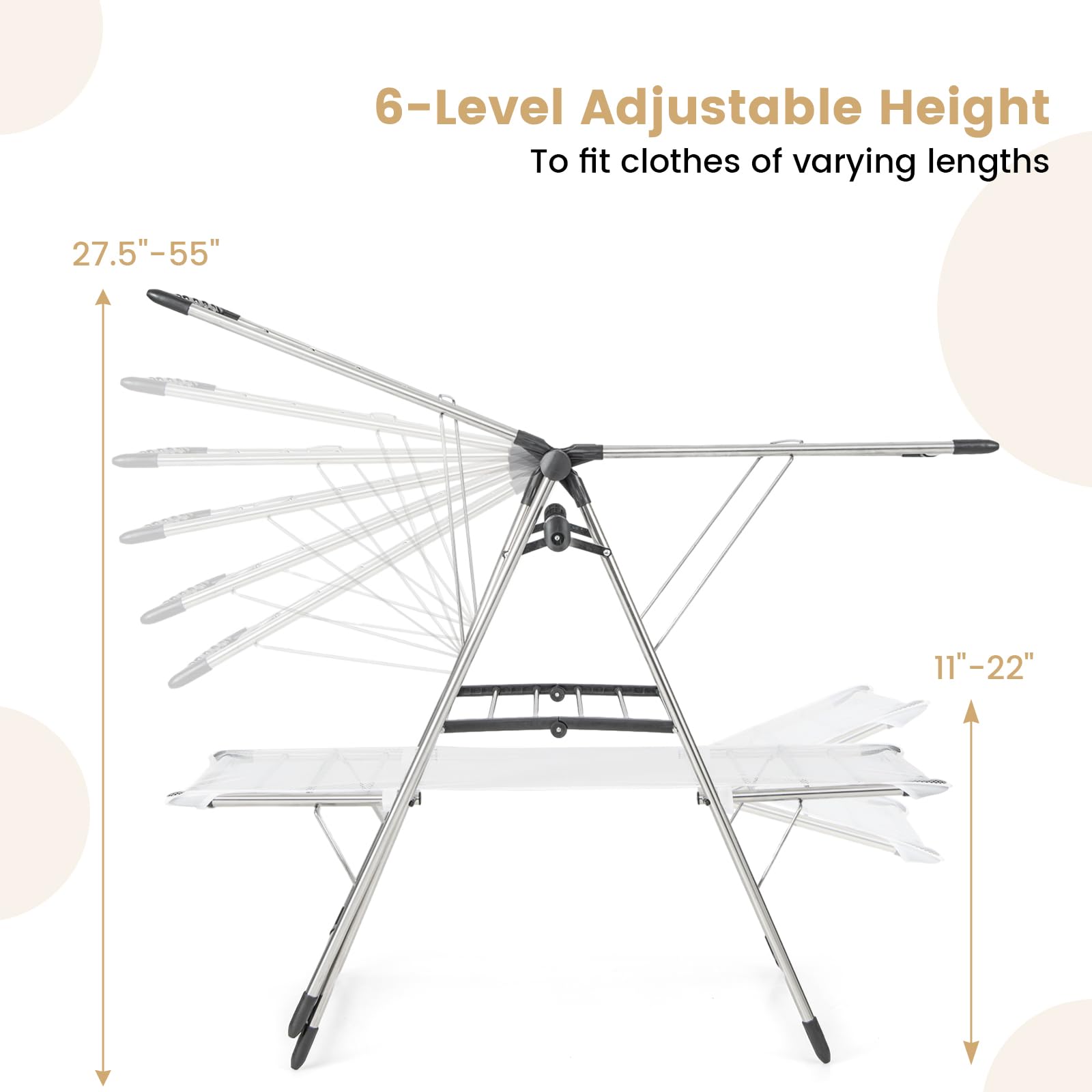 Giantex Clothes Drying Rack, Stainless Steel Foldable Laundry Drying Rack with with 6-Level Adjustable Height, High Hanger Design, Side Clips, Space Saving Collapsible Laundry Drying Rack