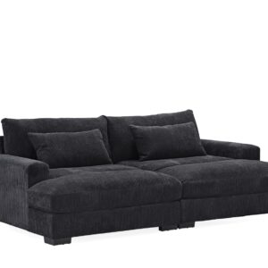 Container Furniture Direct Luxe Sleeper Sofa with Soft Corduroy Upholstery, Double Chaise Design, Convertible to Twin Size Bed, Modern and Comfortable Living Room Couch, Extra Large, Black