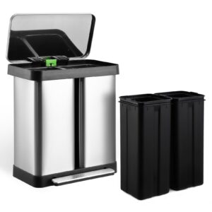 welyfe 16 gallon kitchen trash can, recycle trash can with dual removable liners, stainless steel dual trash and recycling bin