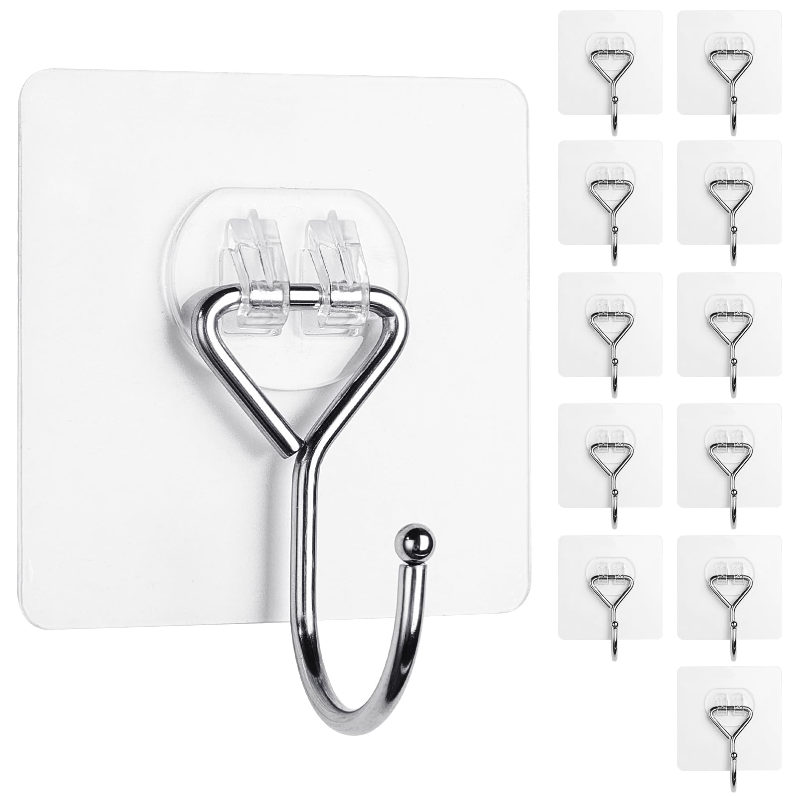 Meknow Large Adhesive Hooks Utility Hooks 12 Pack Waterproof and Rustproof Wall Hooks for Hanging Heavy Duty, Stainless Steel Robe & Towel Hanger 22Ib(Max) for Kitchen, Bathroom, Home and Office