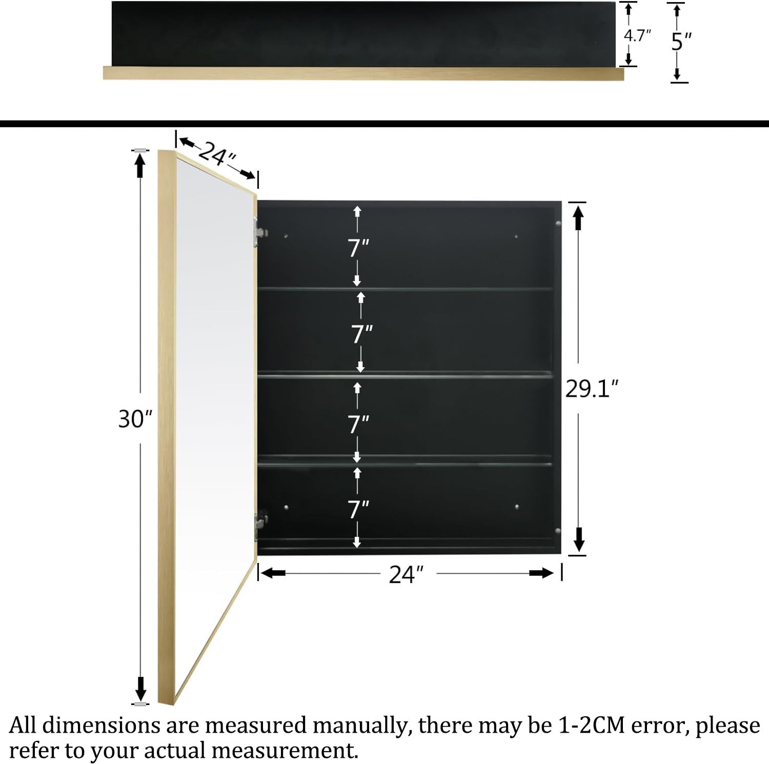 FOMAYKO Bathroom Medicine Cabinet with Aluminum Framed Mirror,24"x30" Surface Mount Bathroom Vanity Mirror，Single Door Gold Bathroom Mirror with Storage Cabinet