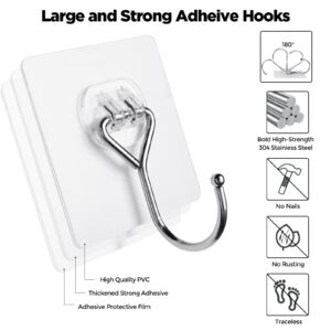 Meknow Large Adhesive Hooks Utility Hooks 12 Pack Waterproof and Rustproof Wall Hooks for Hanging Heavy Duty, Stainless Steel Robe & Towel Hanger 22Ib(Max) for Kitchen, Bathroom, Home and Office