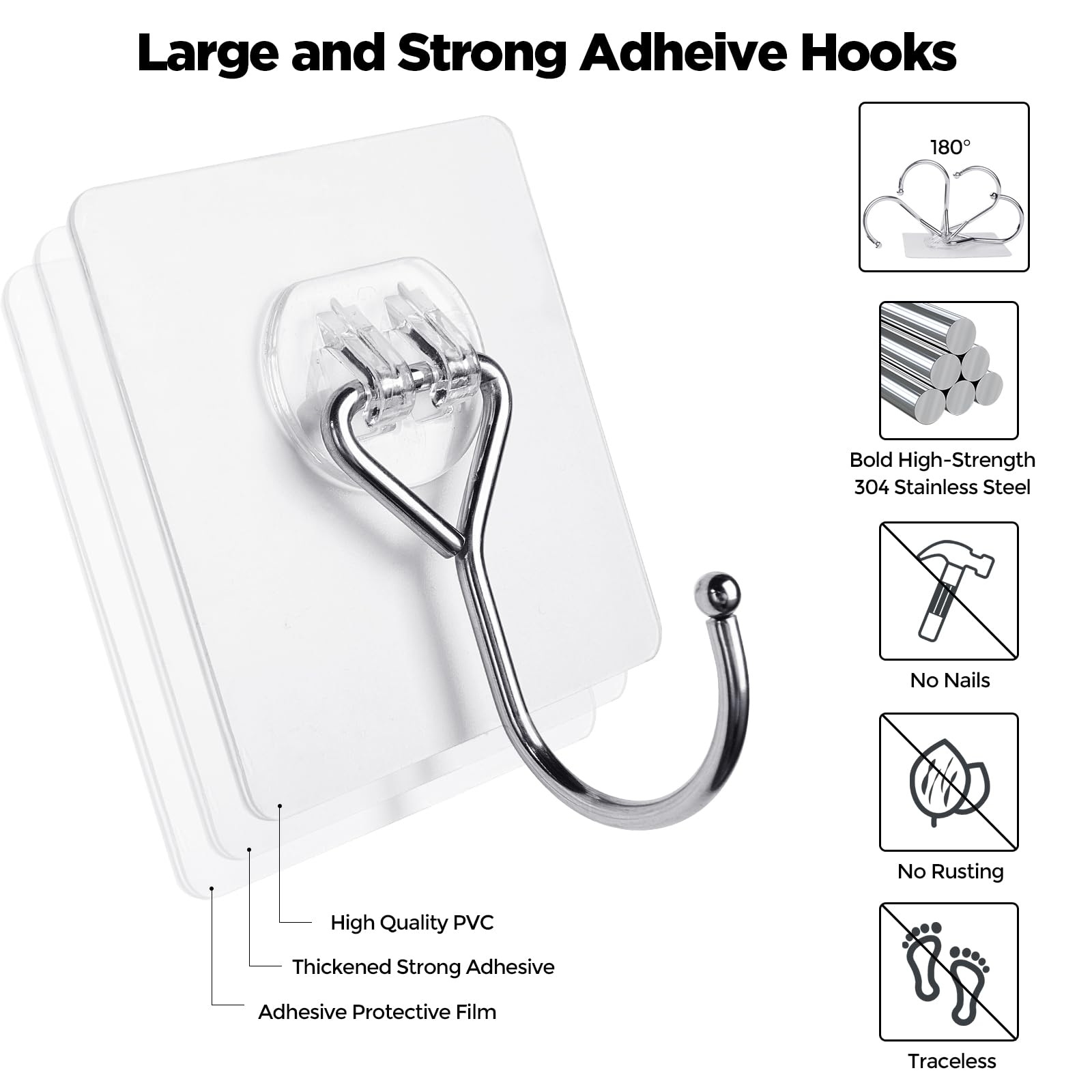 Meknow Large Adhesive Hooks Utility Hooks 12 Pack Waterproof and Rustproof Wall Hooks for Hanging Heavy Duty, Stainless Steel Robe & Towel Hanger 22Ib(Max) for Kitchen, Bathroom, Home and Office