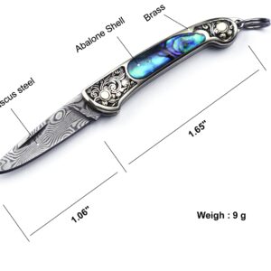 JPCRMOV Mini Pocket Knife Damascus Keychain for Women, Small Folding Knife EDC Compact Knife, Abalone Shell Handle, Blade Length 1.06", Weighs only 9 Grams