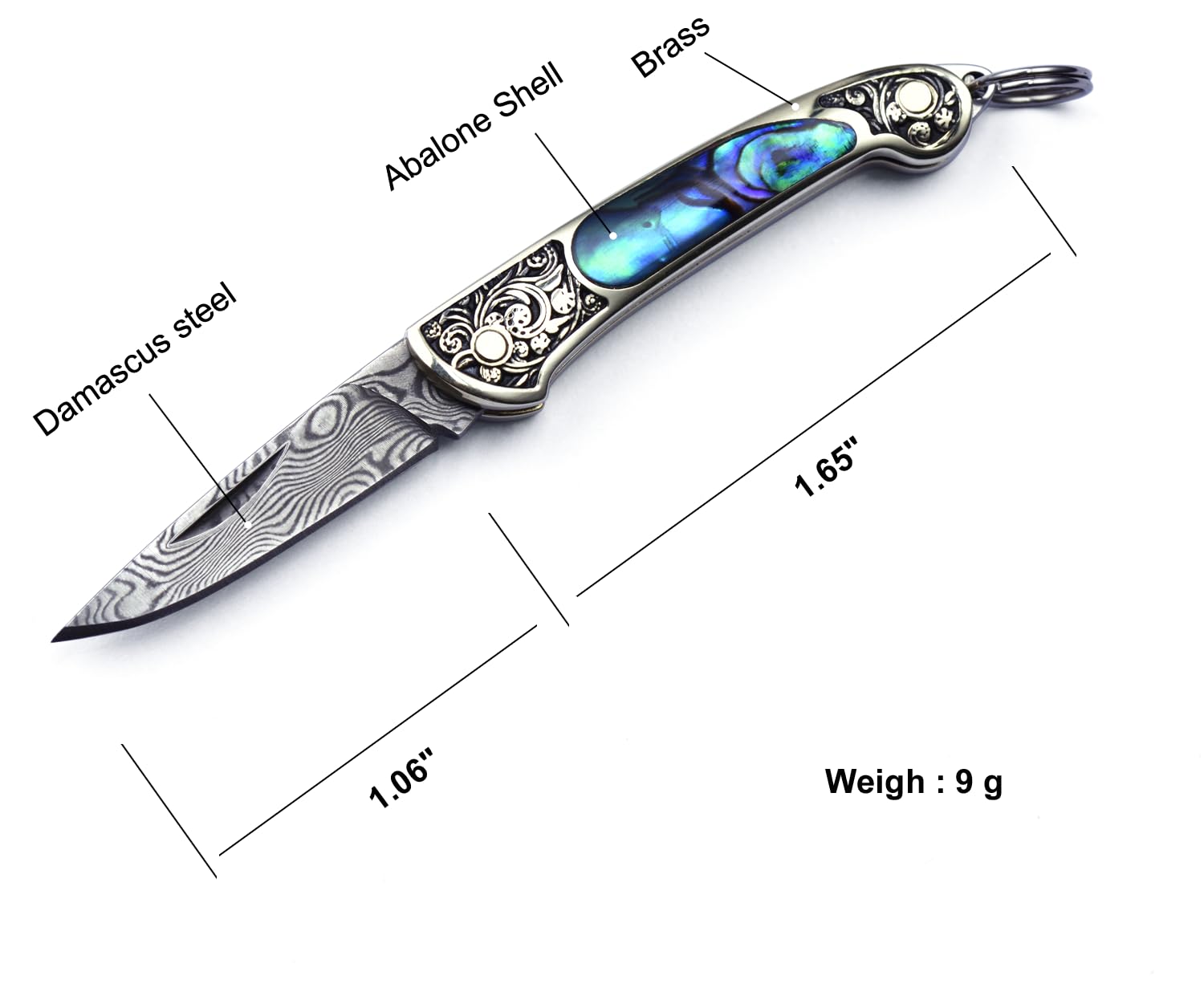 JPCRMOV Mini Pocket Knife Damascus Keychain for Women, Small Folding Knife EDC Compact Knife, Abalone Shell Handle, Blade Length 1.06", Weighs only 9 Grams