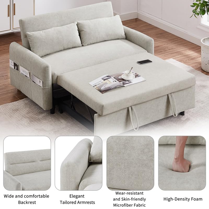 Convertible Chair Bed, 3 in 1 Convertible Sofa Bed Sleeper Chair with 3 Level Adjustable Backrest & 2 Pillow, Pull Out Sofa Bed in Microfiber, Sofa Bed Couch Loveseat Sleeper Bed for Living Room,Beige