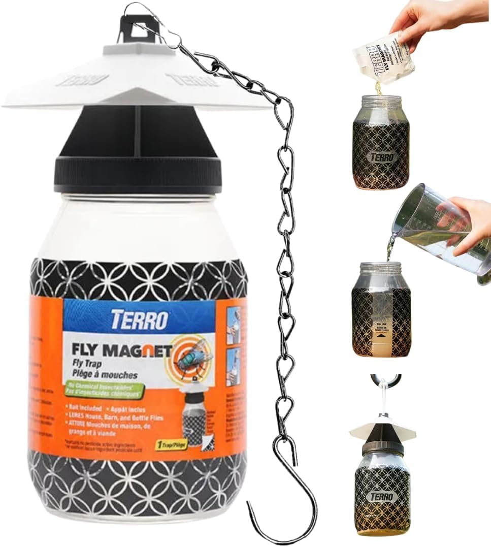 Plexon TERRO Fly Magnet, Reusable Fly Trap - Includes One Fly Bait Packet and Heavy Duty 9.5 PLEXON Hanging Chain (2 Traps)