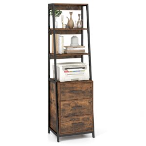 giantex ladder bookshelf with drawers, 69" tall wooden bookcase with 4 shelves, modern book shelf storage organizer unit, freestanding display shelving rack for living room, bedroom (rustic brown)