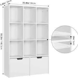 IDEAKHOUSE White Bookshelf with Drawers, Tall Storage Cabinet with 9 Cubes and 2 Large Drawers, Free Standing Storage Organizer Bookshelf for Living Room, Office, Study,Kitchen (White)