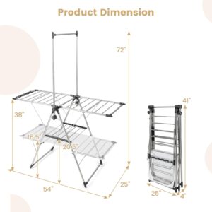 Giantex Clothes Drying Rack, Stainless Steel Foldable Laundry Drying Rack with with 6-Level Adjustable Height, High Hanger Design, Side Clips, Space Saving Collapsible Laundry Drying Rack