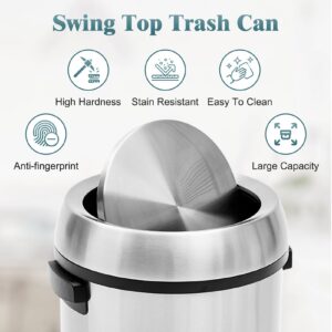 GAOMON 65L/17Gal Trash Can with Swing Top, Commercial Grade Heavy Duty Brushed Stainless Steel Outdoor Trash Can, Large Kitchen Trash Can, Round