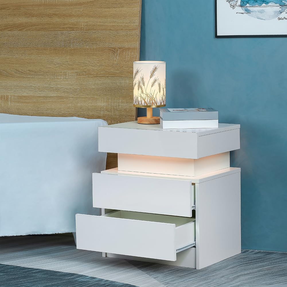 CuisinSmart Led Nightstand, Bedside Table Cabinet with Lights High Gloss End Side with 2 Drawers, White Smart Nightstand Flip-Top Hidden Storage Space for Bedroom White As Shown