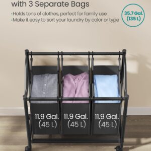 SONGMICS Laundry Sorter, Rolling Laundry Basket with 3 Removable Bags, Laundry Hamper, Laundry Cart, for Laundry Room, Bedroom, Bathroom, 3 x 11.9 Gallons, Ink Black URLS102B01