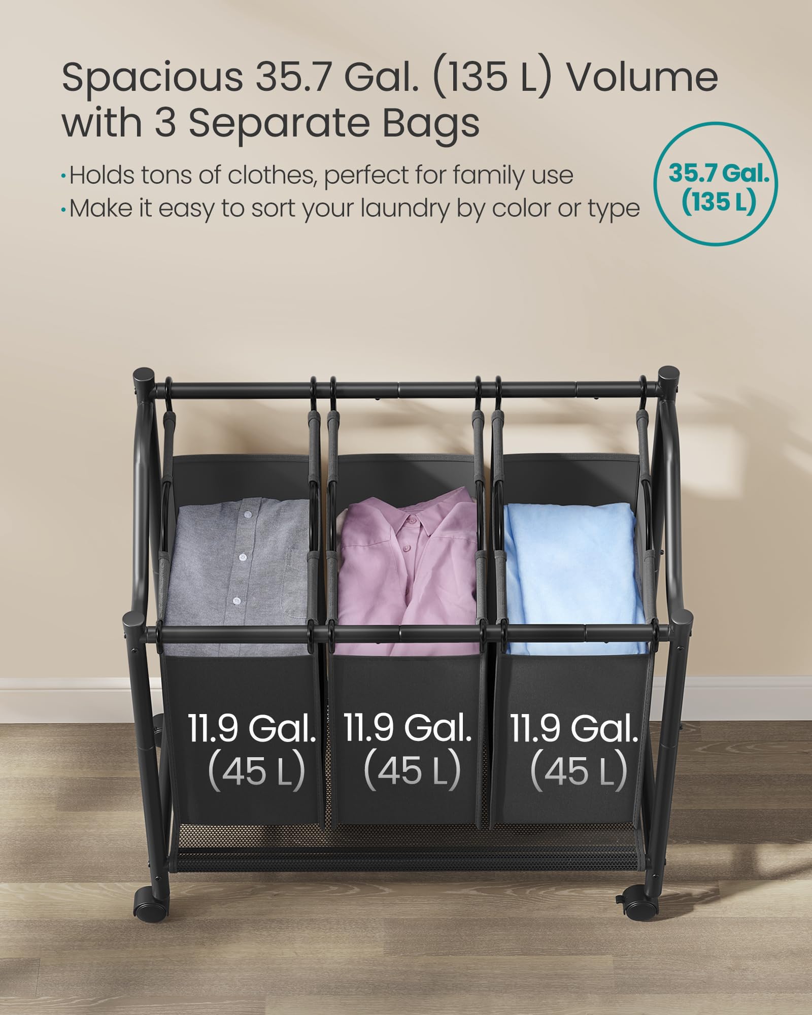 SONGMICS Laundry Sorter, Rolling Laundry Basket with 3 Removable Bags, Laundry Hamper, Laundry Cart, for Laundry Room, Bedroom, Bathroom, 3 x 11.9 Gallons, Ink Black URLS102B01