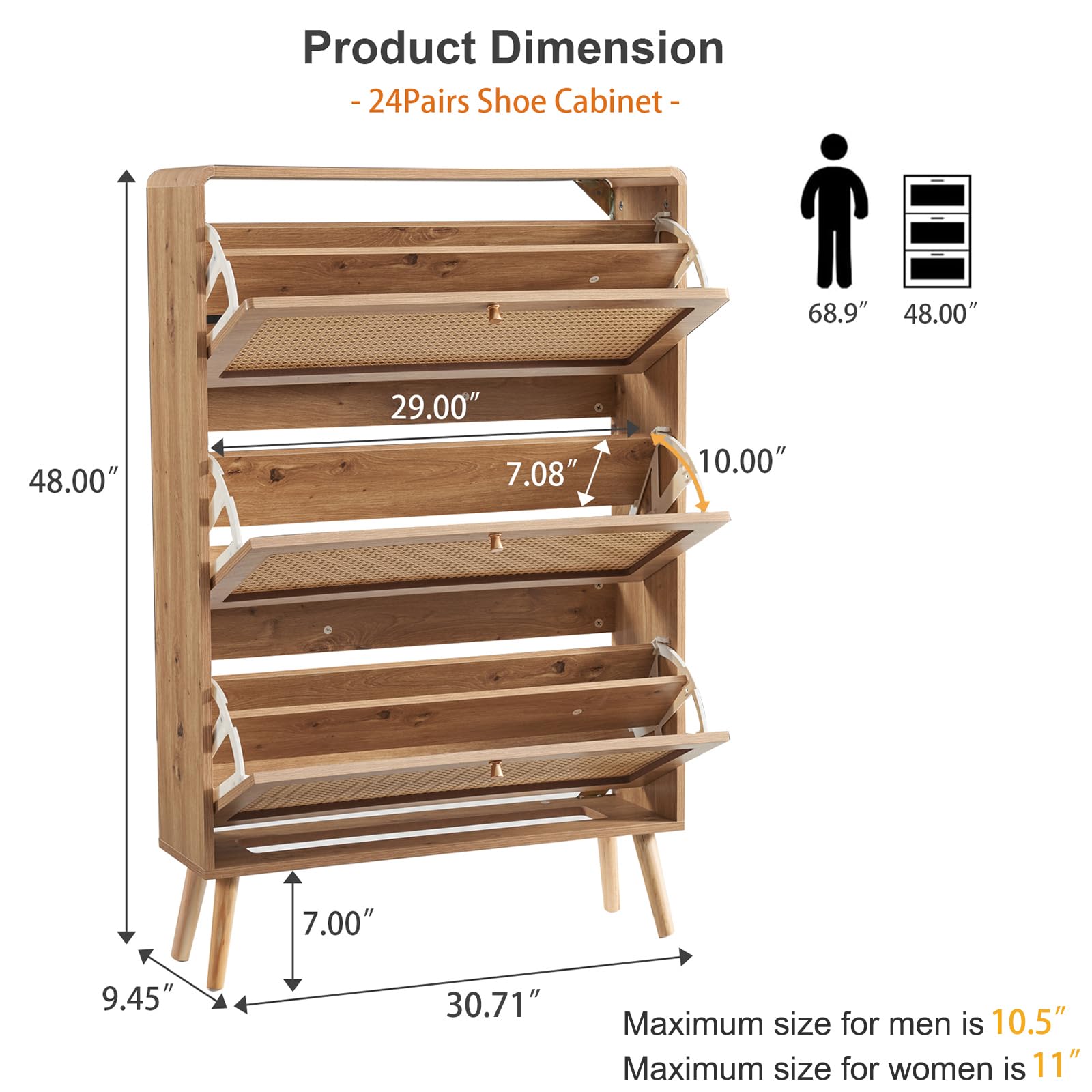 Anewome Rattan Shoe Cabinet with 3 Flip Drawers, 24 Pairs Shoe Storage Cabinet for Entryway Freestanding Hidden Shoe Rack with Drawers Slim Shoe Organizer for Hallway, Living Room, Natural