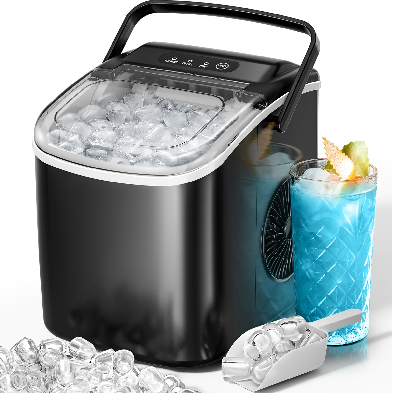 Kismile Ice Makers Countertop with Carry Handle,Self-Cleaning Ice Maker Machine with Ice Basket and Ice Scoop,Portable Ice Maker for Home,Office,Kitchen (Black)