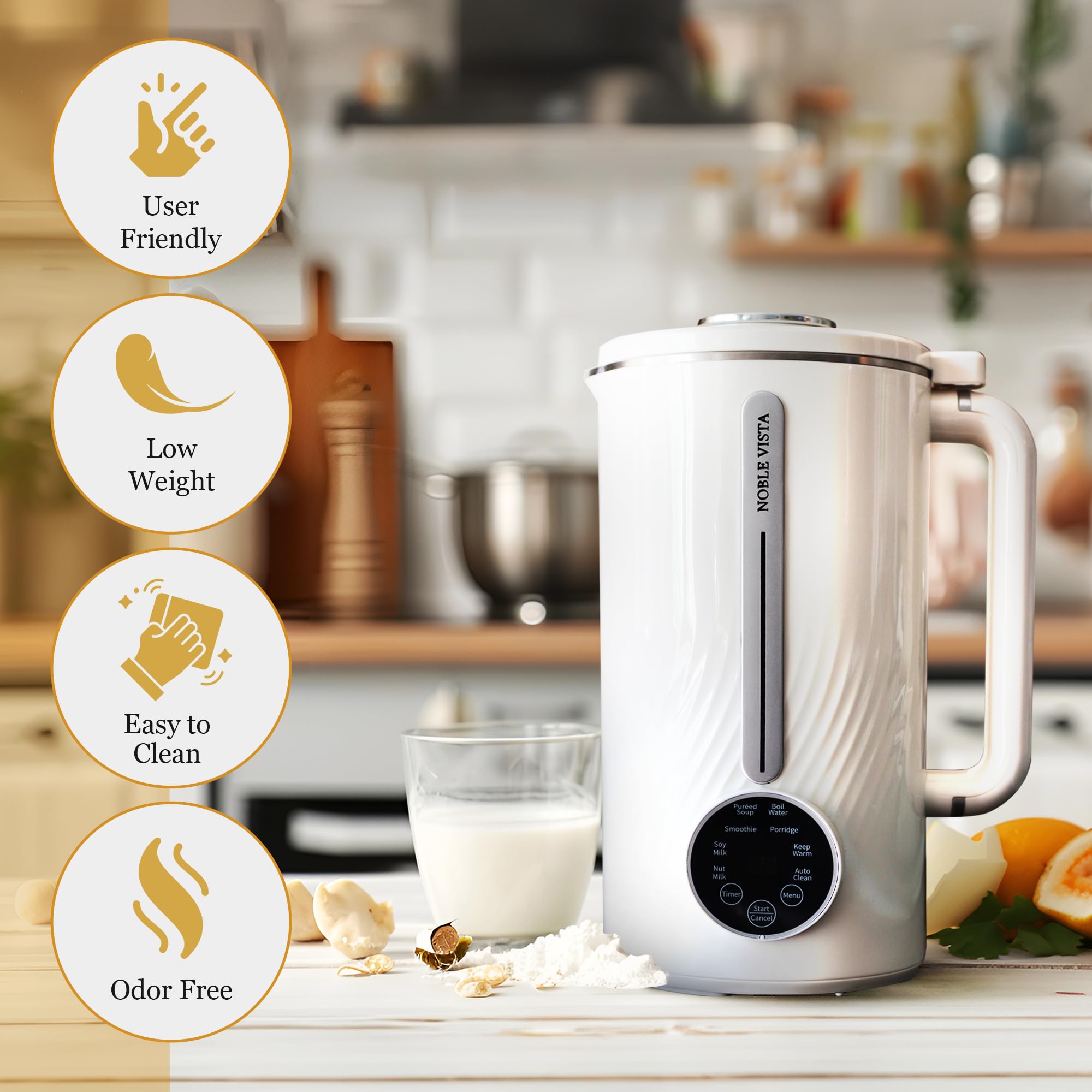 NOBLE VISTA 8 in 1 Nut Milk Maker, 35 OZ, Automatic Soy Milk maker, Homemade Almond Milk Maker, 12 Hour Timer, Hot/Cold, Soy Milk, Smoothie, Boil, Self Clean