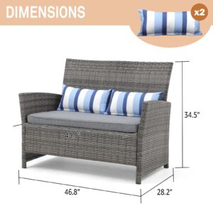 SUNSITT Outdoor Wicker Loveseat with Cushions, 2 Seats Patio PE Rattan Sofa with Lumbar Pillows, Grey Wicker & Grey Cushions, Porch, Backyard, Garden, Pool, Steel Frame