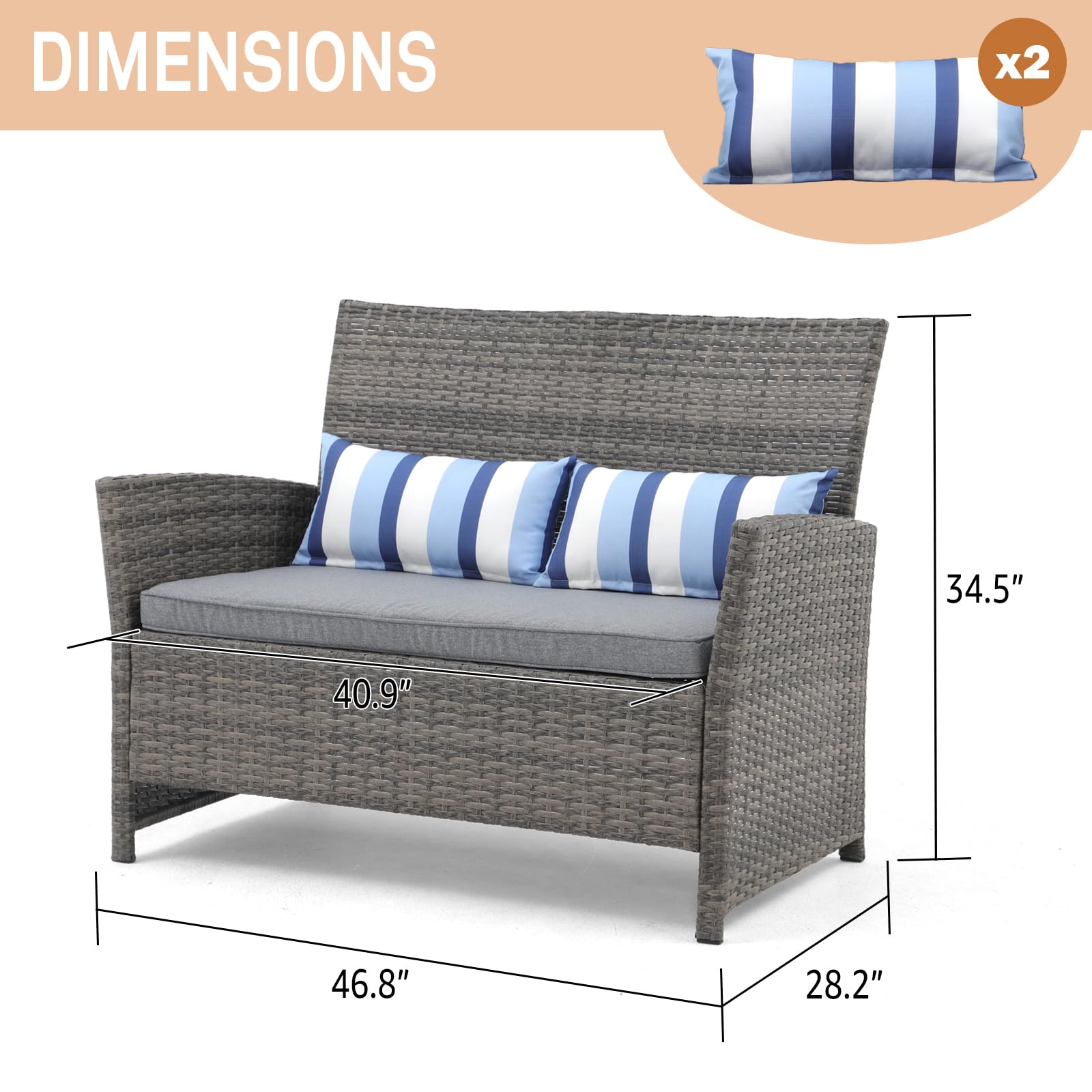 SUNSITT Outdoor Wicker Loveseat with Cushions, 2 Seats Patio PE Rattan Sofa with Lumbar Pillows, Grey Wicker & Grey Cushions, Porch, Backyard, Garden, Pool, Steel Frame