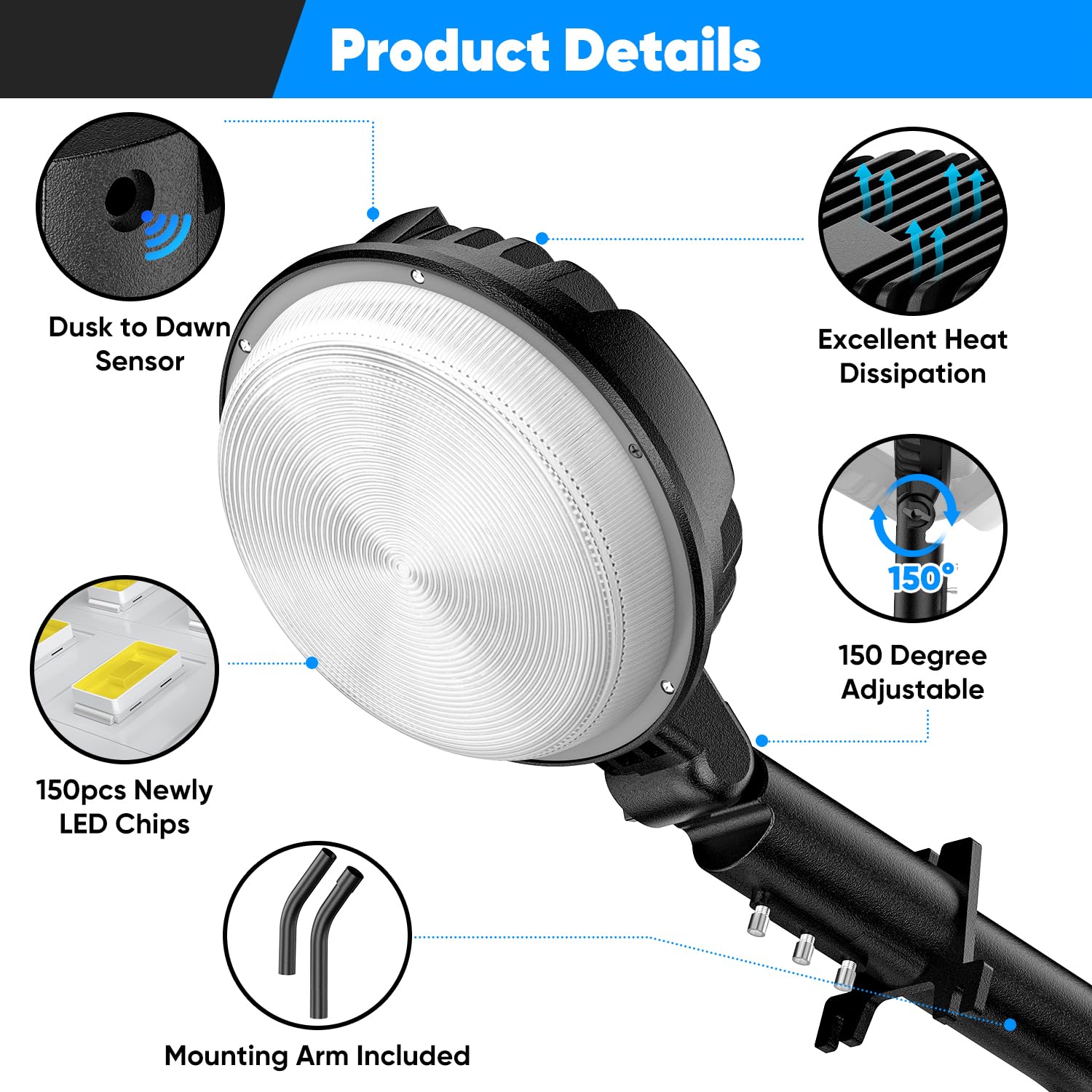 24000LM LED Barn Light, 150W Dusk to Dawn Outdoor Lighting, IP66 Waterproof Yard Light with Photocell, 150° Adjustable Outside Security Light with Mounting Arm, 6500K Area Street Light for Garage